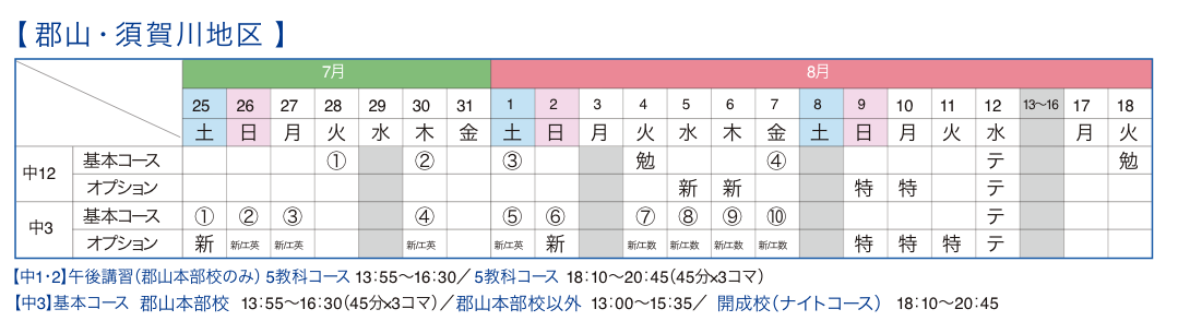 講習カレンダー 郡山・須賀川地区