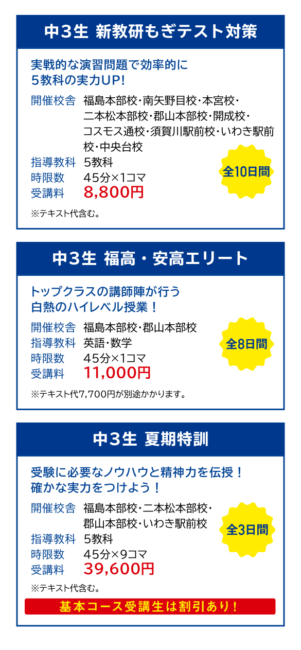 中1・2生新教研もぎテスト対策、中1・2生夏期特訓
